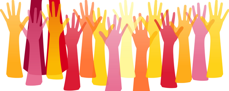 Graphic of multicouloured hands.