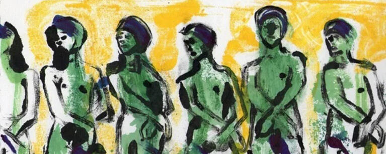 Artwork: Halutzim, 2012, by Neta Elkayam, Monotype of women rendered in green and white on a field of yellow