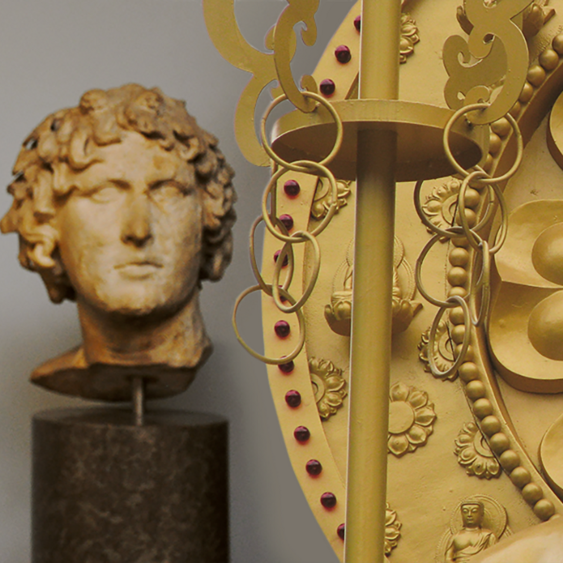 An ancient bust and detail from a gold statue.