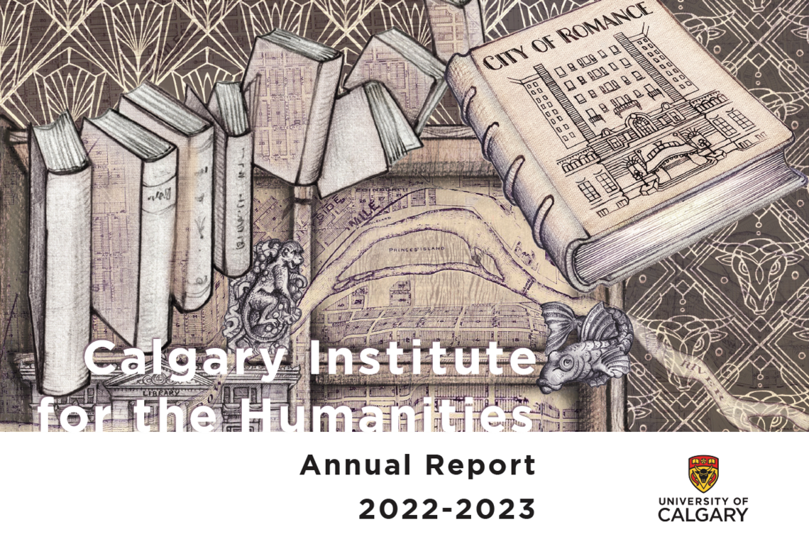 Annual Report Cover with illustration by Eveline Kolijn with 1920s novels written in Calgary, map and art deco design 