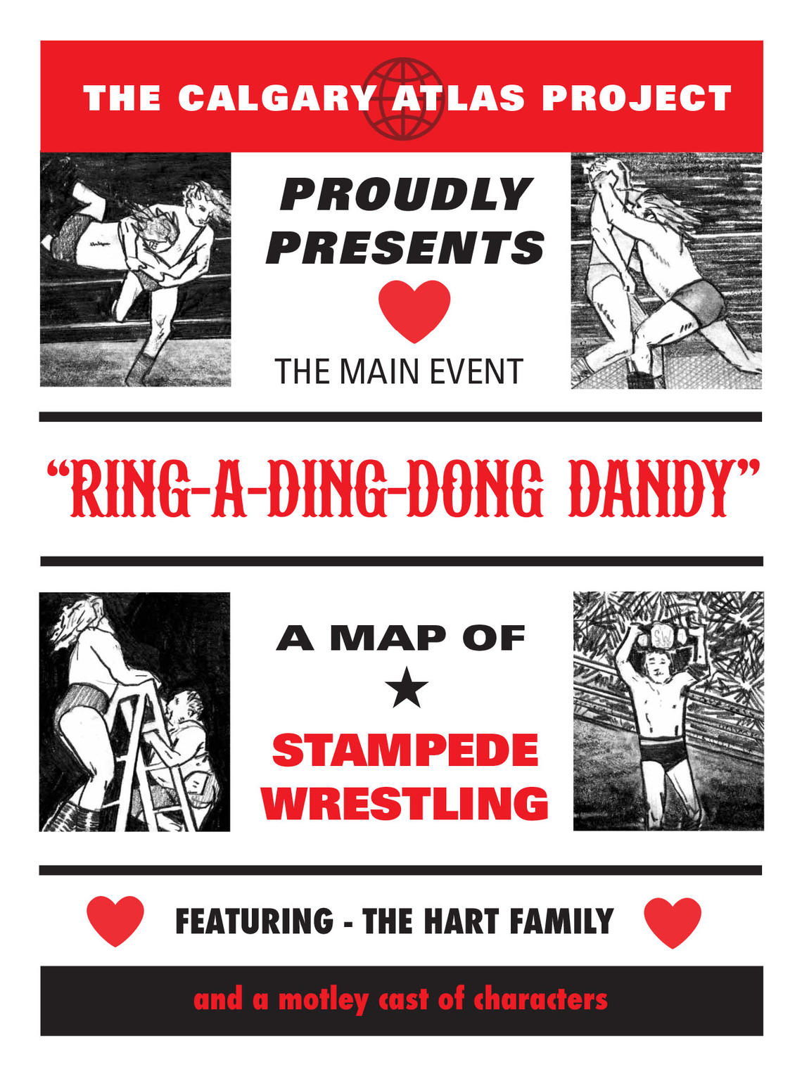 Cover of "RING-A-DING-DONG DANDY" A Map of Stampede Wrestling with four charcoal illustrations of wrestling scenes