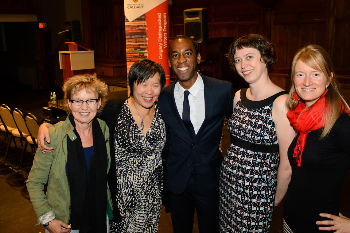 Former Ws-i-R Rosemary Nixon, Larissa Lai, Ian Williams, Sara Tilley, and Deborah Willis. Photo by Monique de St. Croix.