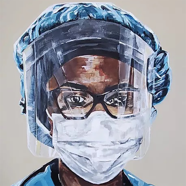 Painting of a Black woman wearing scrubs, a face mask and a face shield