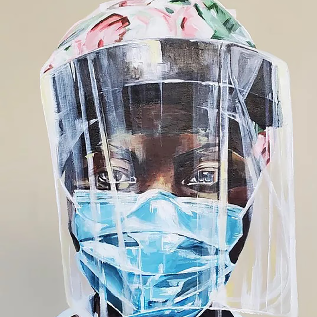 Painting of a Black person wearing scrubs, a face mask and face shield