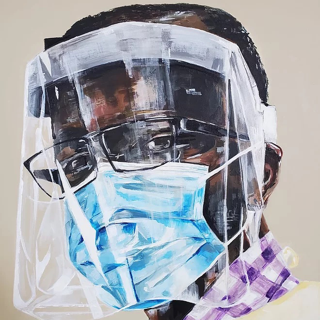 Painting of a Black man in dress shirt and sweater wearing a face mask and shield