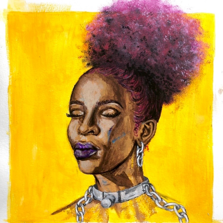 Painting of a black woman wearing a metal collar around her neck