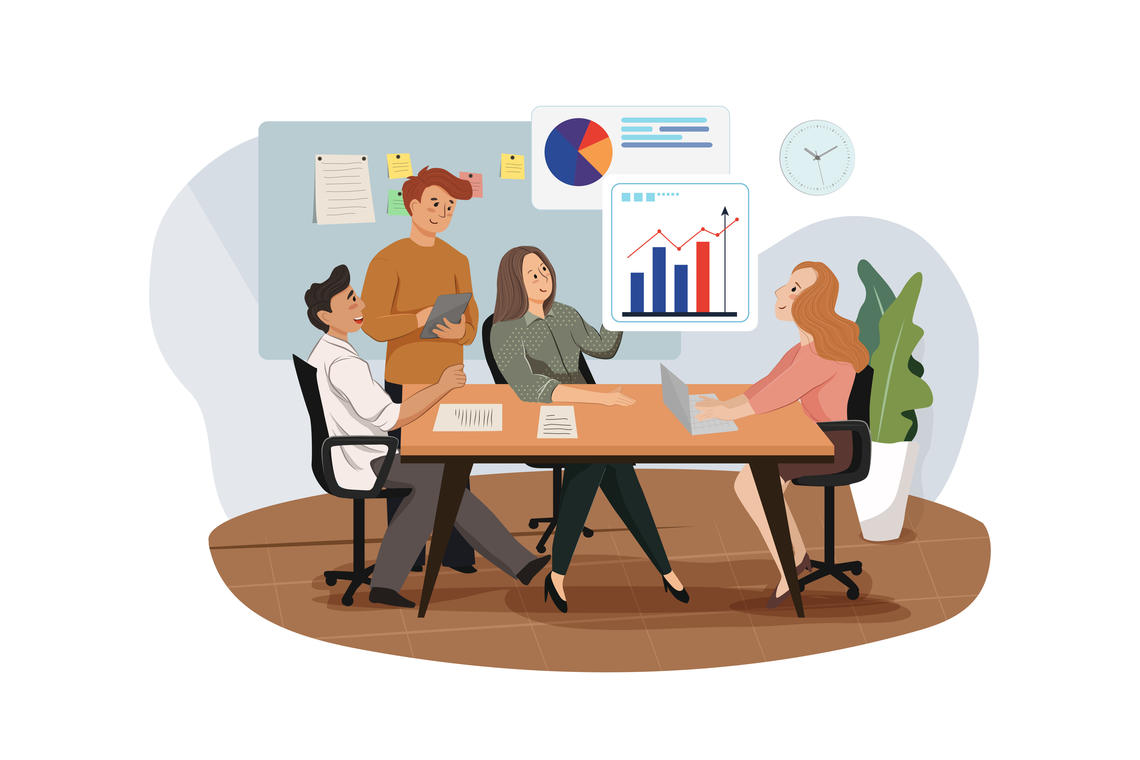 Flat vector graphic of individuals in a business setting showing charts and graphic