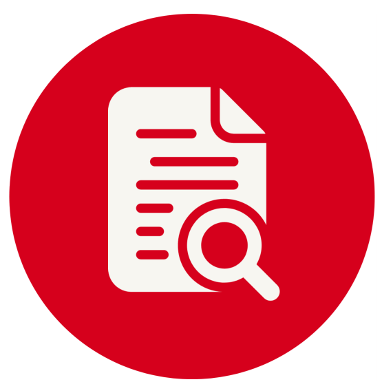 A graphical icon meant to represent research. The picure is of a magnifying glass examining a printed page