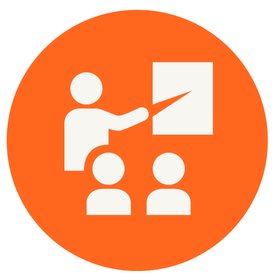 A grapical icon meant to represent teaching. The picure is of a figure lecturing to othere figures.