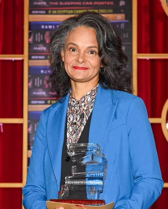 Suzette Mayr holding her Scotiabank Giller Prize. Picture by Ryan Emberley Photography.