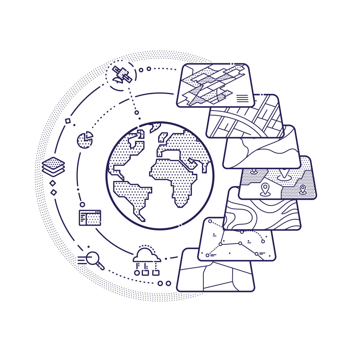 An illustration that graphically depicts aspects of geographic information science. Adobe Stock image.