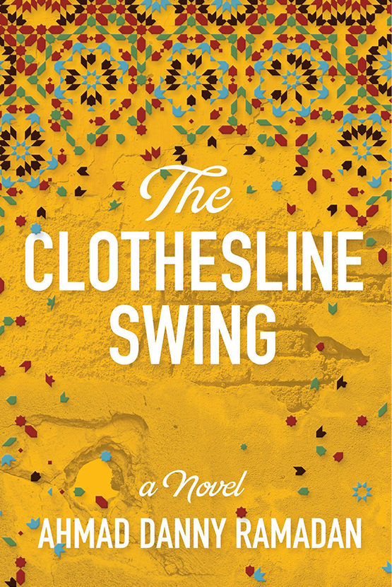 Book cover of The Clothesline Swing by Danny Ramadan. The image is of sand or a wall with a colourful geometric pattern winding around it.