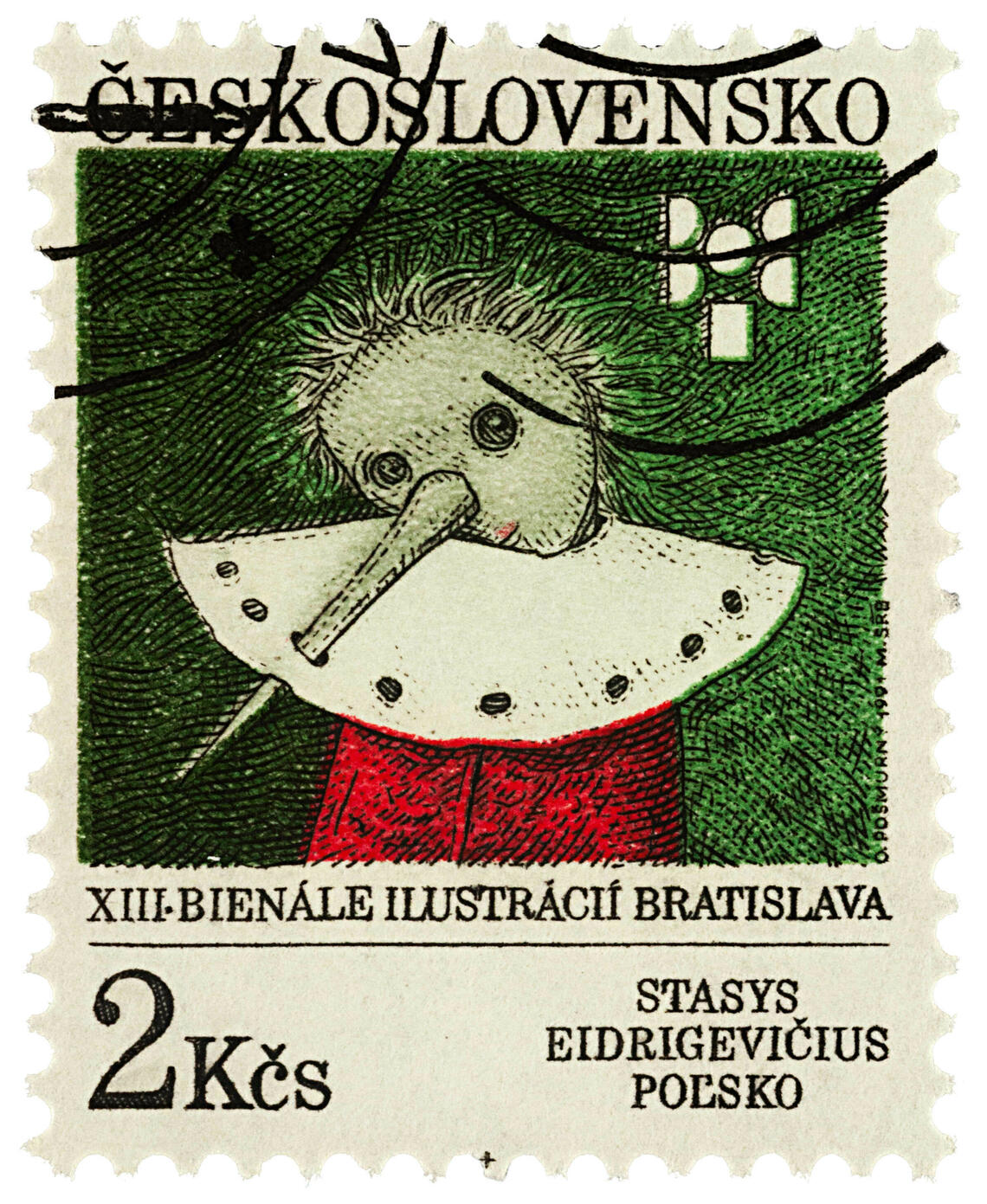 Czechoslovakia postage stamp shows Pinocchio by Stasys Eidrigevicius