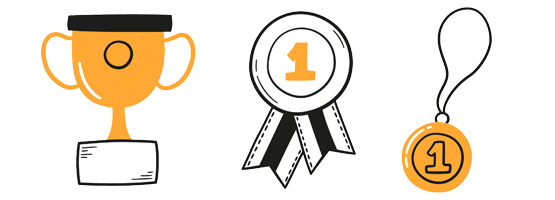 Vector graphics depicting an awards cup, badge, and medal.