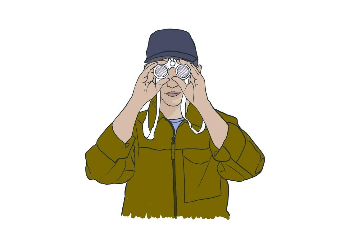 Illustration of Mia looking through binoculars