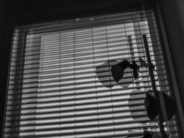 Black and white double-exposure image of a dark room, venetian blinds and lamp
