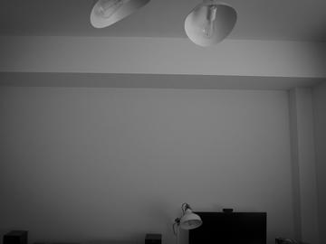 Black and white image of interior of room. Ceiling lamps are visible at top of frame, desk lamp and top of monitor visible at bottom