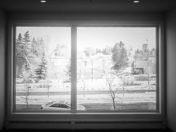 Black and white image of window showing a snowy scene
