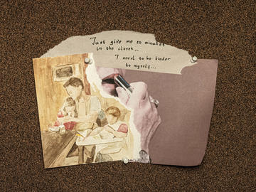 A bulletin board collage with a magazine image of a person putting on lipstick, a watercolour painting of a person caring for two small children, and a piece of paper with a text "Just give me 20 minutes in the closet....I need to be kinder to myself"