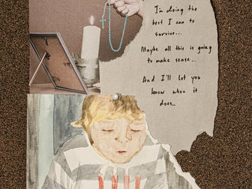 A bulletin board collage of a magazine image of a hand holding a rosary with candle at top, a watercolour image of a person blowing out birthday candles below, and a piece of paper with the text "I'm doing the best I can to survive...Maybe all this is going to make sense...And I'll let you know when it does..."