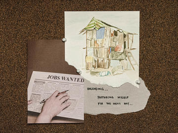 A bulletin board collage of a magazine image of a hand with pen looking at a newspaper jobs wanted page, a watercolour of an elaborate treehouse or house on stilts, and a piece of paper with text that reads "Unloading... preparing myself for the next day..."