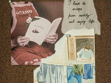 A bulletin board collage of a magazine image of a person wearing an apron and reading a book, a watercolour painting of a person hanging laundry on a line, and a piece of paper with the text "I have to escape from reality and enjoy life..."