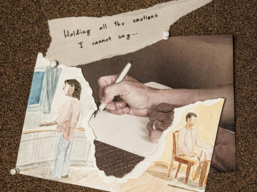 A bulletin board collage with a magazine image of a person writing on a piece of paper with a pen, a watercolour painting of two people far away and facing away from each other, and a piece of paper with the text "holding all the emotions I cannot say...."