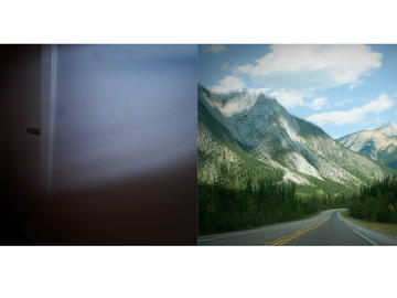 Diptych. On the left, an interior wall and door in shadows. On the right, a mountain highway, superimposed and blurry.