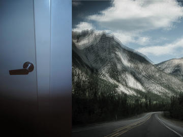 Diptych. On the left, an interior door in shadows. On the right, a mountain highway, superimposed and blurry.