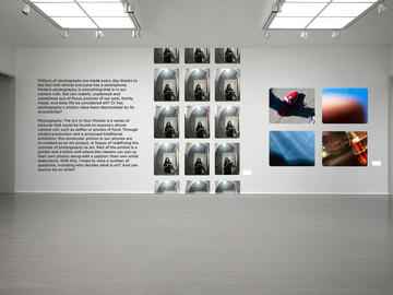 Artist's artist statement on a gallery wall with multiple selfies and a series of colour photos