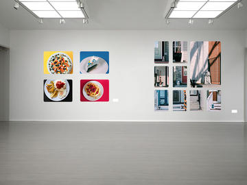 On a gallery wall at left, four photos of plated food. At right, 9 photos of front stoops with dogs on them