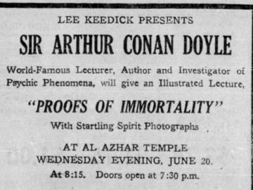 Newspaper advertisement for Sir Arthur Conan Doyle's "Proofs of Immortality" lecture June 19, 1923