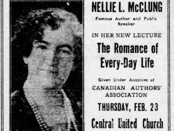 Newspaper advertisement for Nellie McClung's lecture "The Romance of Every-Day Life" February 23, 1928