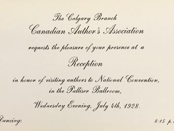 Canadian Authors Association invitation card to the Calgary Convention 1928
