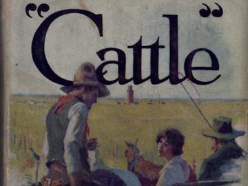 Illustrated cover of book Cattle by Winnnifred Eaton Reeve - Woman seated on bench speaks with man on horseback