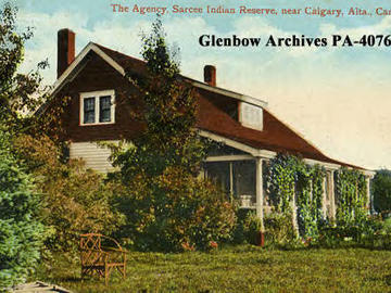 Colorized postcard of large house with trees and lawn, Agency Building, Tsuut'ina Nation (ca. 1913)