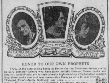 Book store ad featuring books by Nellie McClung, Laura Goodman Salverson, and Flos Jewell Williams
