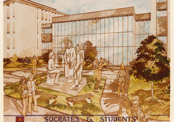 Archival UCalgary graphic featuring Socrates and students