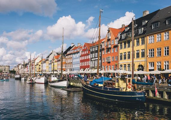 colourful row housing by canal in Europe 