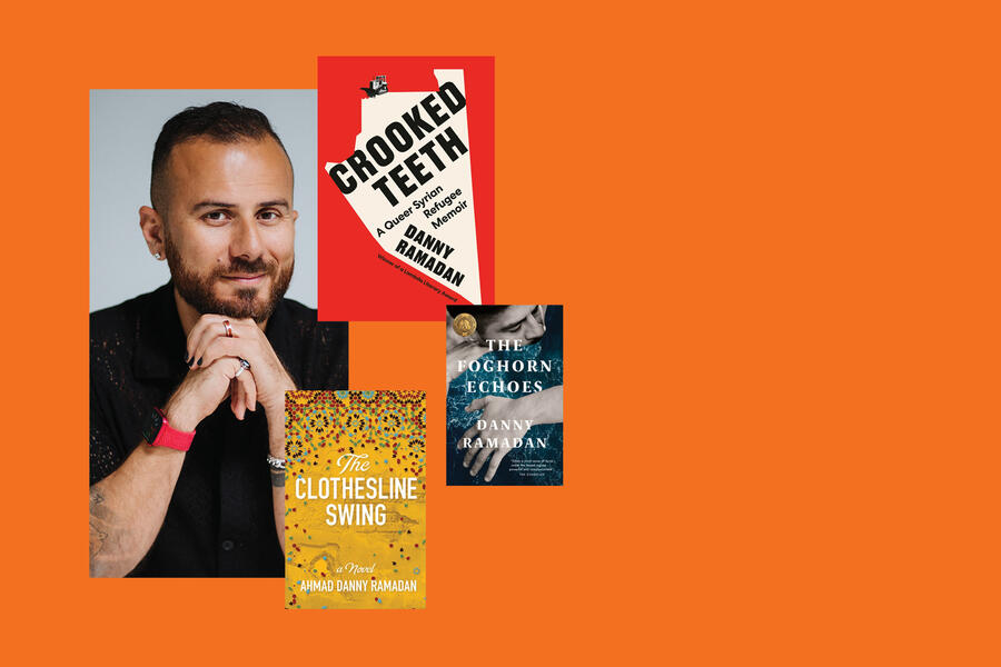 Collage of writer in residence Danny Ramadan's headshot and his three latest books.