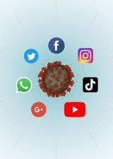 Graphic of a covid molecule surrounded by social media logos