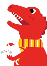 Illustration of Rex the dinosaur holding a cat.