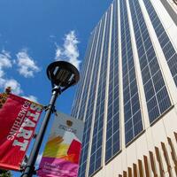 Vertical view of the Social Sciences tower, looking up