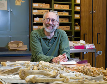 Researcher Brian Kooyman behind a collection of bones